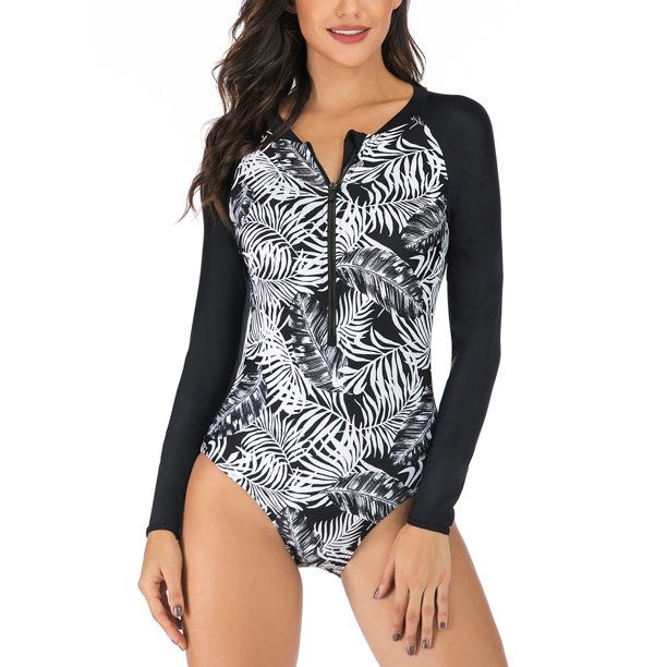 Csndyce Women S Long Sleeve Rash Guard Swimsuit One Piece Zipper Surfing Bathing Suit Floral Swimwear Walmart Com Walmart Com