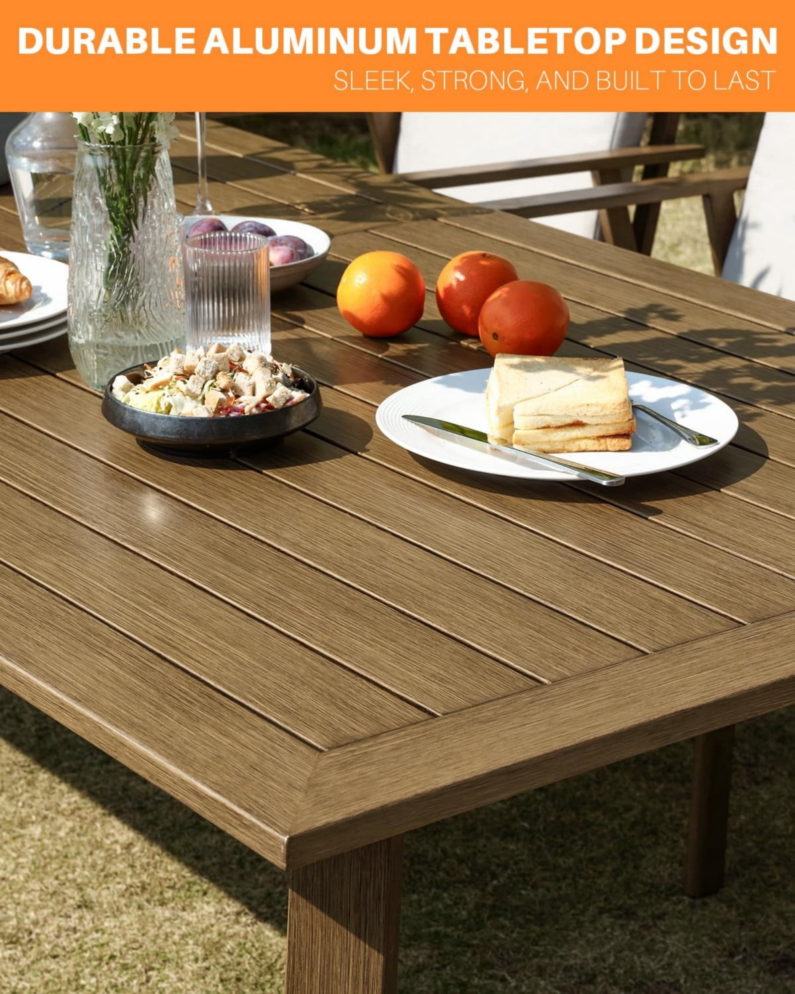Outdoor Patio Dining Table for 8, Aluminum Outdoor Dining Table with Umbrella Hole, All Weather Patio Table for Garden, Deck, Porch, Lawn, Backyard Furniture, Brown