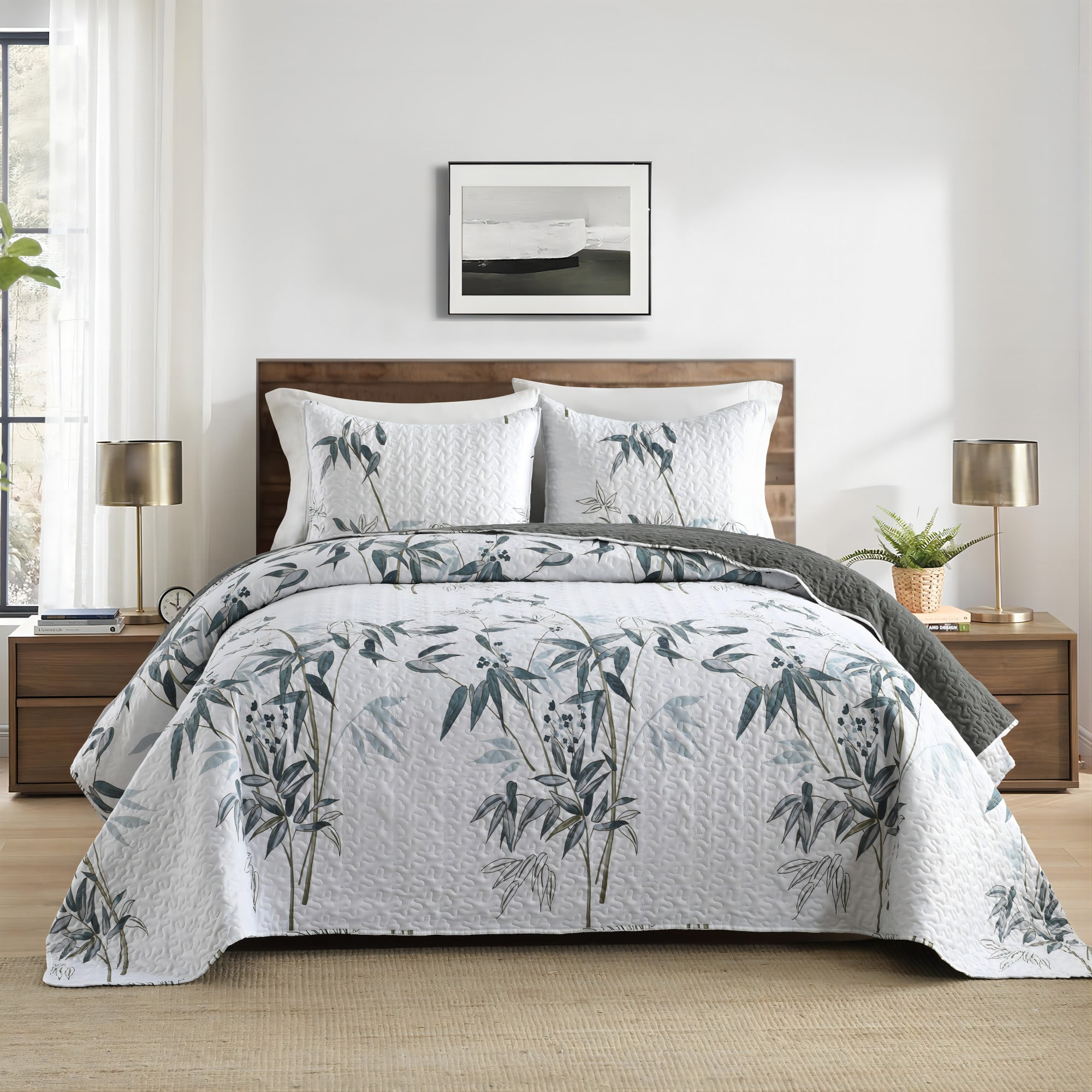 Queen Size Quilt Set, Greagle 3-Piece Soft Warm Lightweight Queen Size Summer Quilt Bedspread Machine Washable Bedding Set with 2-Piece Pillow Shams, 90x90 inch, Watercolor BamBoo Leaf Print