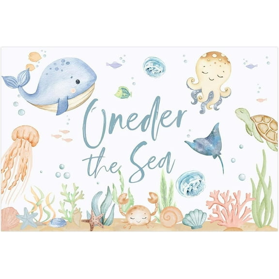 Oneder The Sea Party Backdrop, Under The Sea Ocean Animal 1st Birthday Background Banner Sea Life Party Decorations Supplies 5x3ft