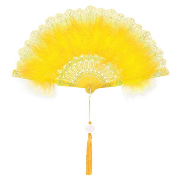Yellow Feather Folding Hand Fan with Flower Painting – Elegant Vintage Dance Fan, Stage Performance, Costume Accessory & Gift