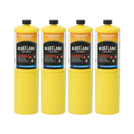 BlueFlame MAPP ALTERNATE Gas Cylinder Pack of 4 – 99.9% High-Purity Propylene for Superior Heat – Hotter than Standard Propane Tanks – Ideal for Welding, Soldering, and Modern Cuisines 14.1 oz