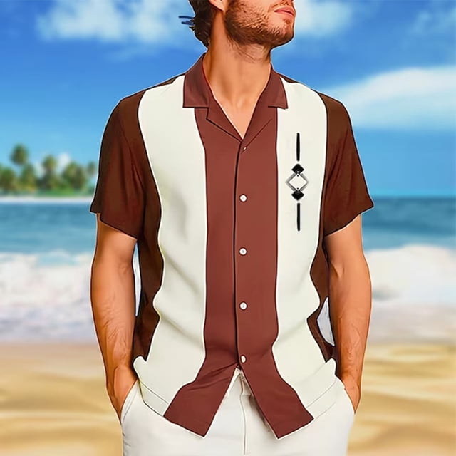 Camisa de bolos vintage informal para hombre, hawaiana, de manga corta, con botones, holgada, marrón, talla 2XL