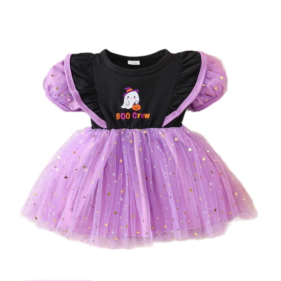 Kogui Long Sleeve Cartoon Letter Print Sundress Stylish Comfortable Halloween Outfit For Girls (Purple, 18-24 Months)