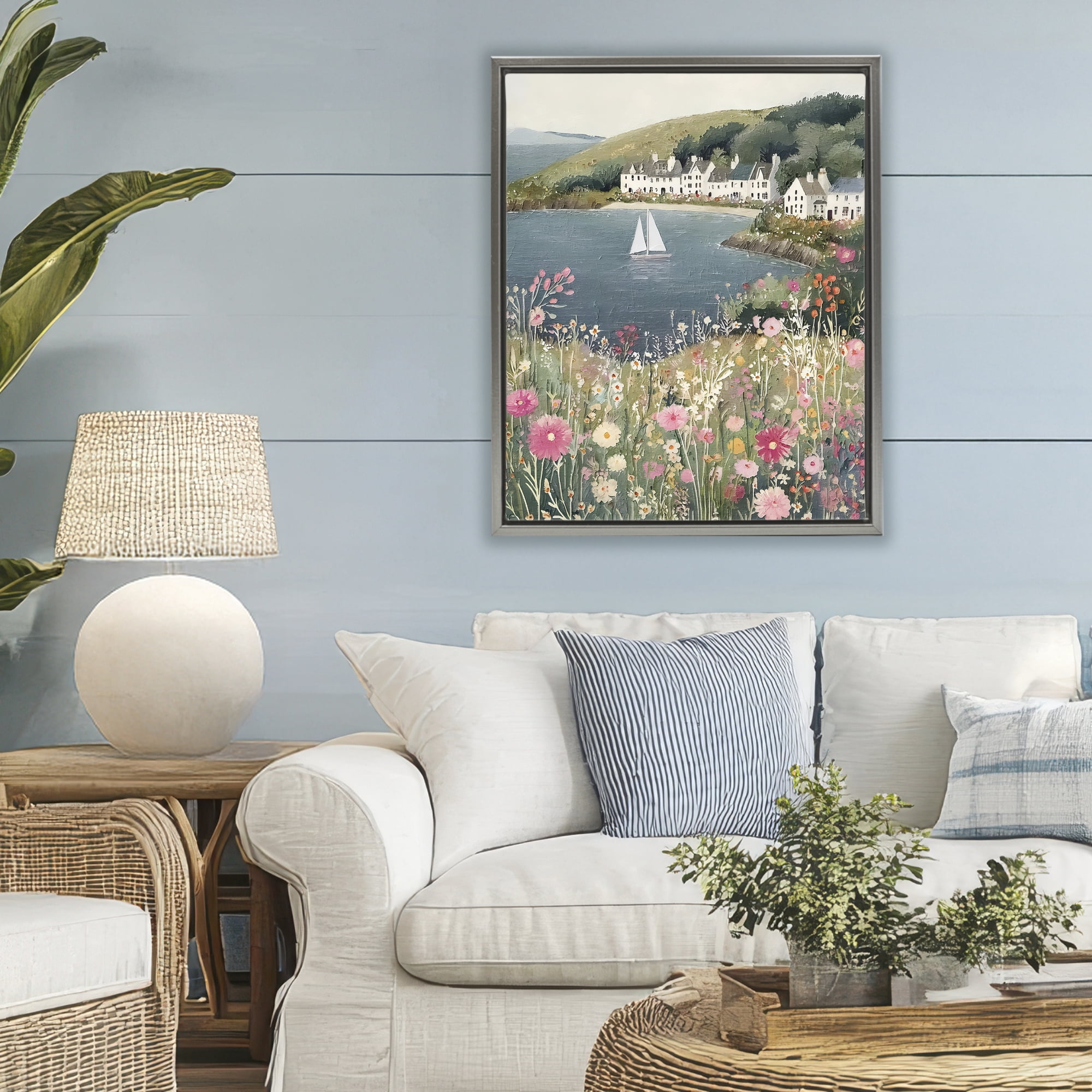 Stupell Industries Clifftop Meadow & Sailboat Gray Framed Floater Canvas Wall Art, design by Riley B
