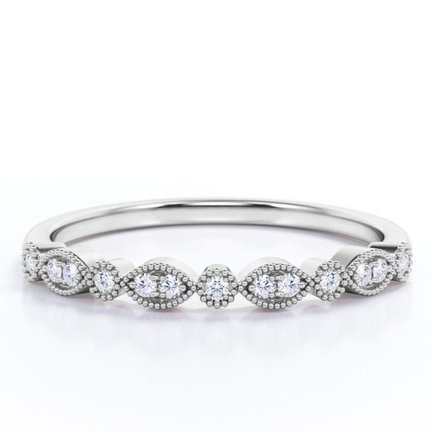 JeenMata Anillo de Bodas con Diamantes de 0,25 Uds - Banda Festoneada - Banda de Bodas Milgrain - Oro Blanco de 10 K