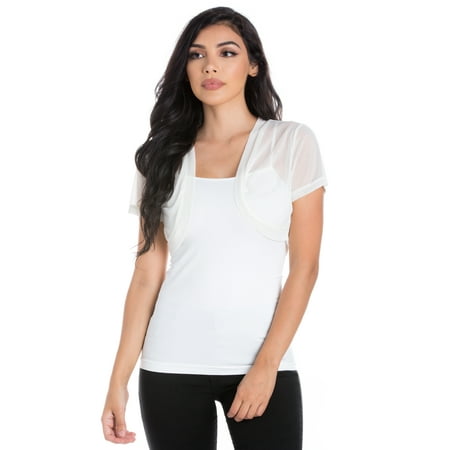 - Fashion Secrets Women Short Sleeves Sheer Chiffon Bolero Shrug Short Cardigan (Ivory, Large)