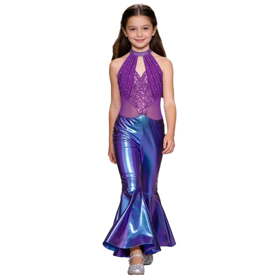 TiaoBug Sparkle Sequin Jumpsuit 70s Outfits for Girls Sleeveless Metallic Bell Bottom Romper Disco Dance Wear Blue 8