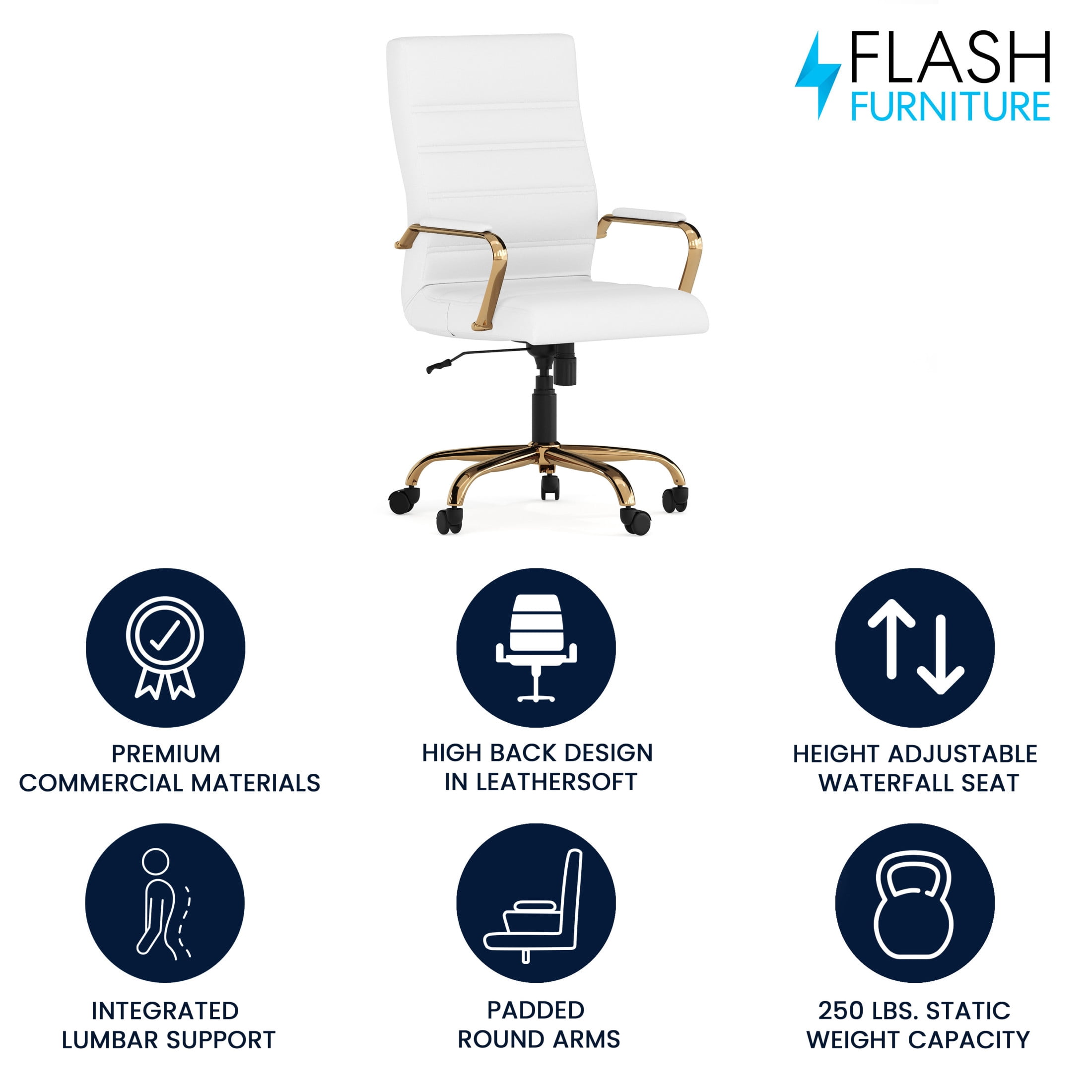Flash Furniture Whitney High-Back Swivel LeatherSoft Desk Chair with Armrests, White/Gold