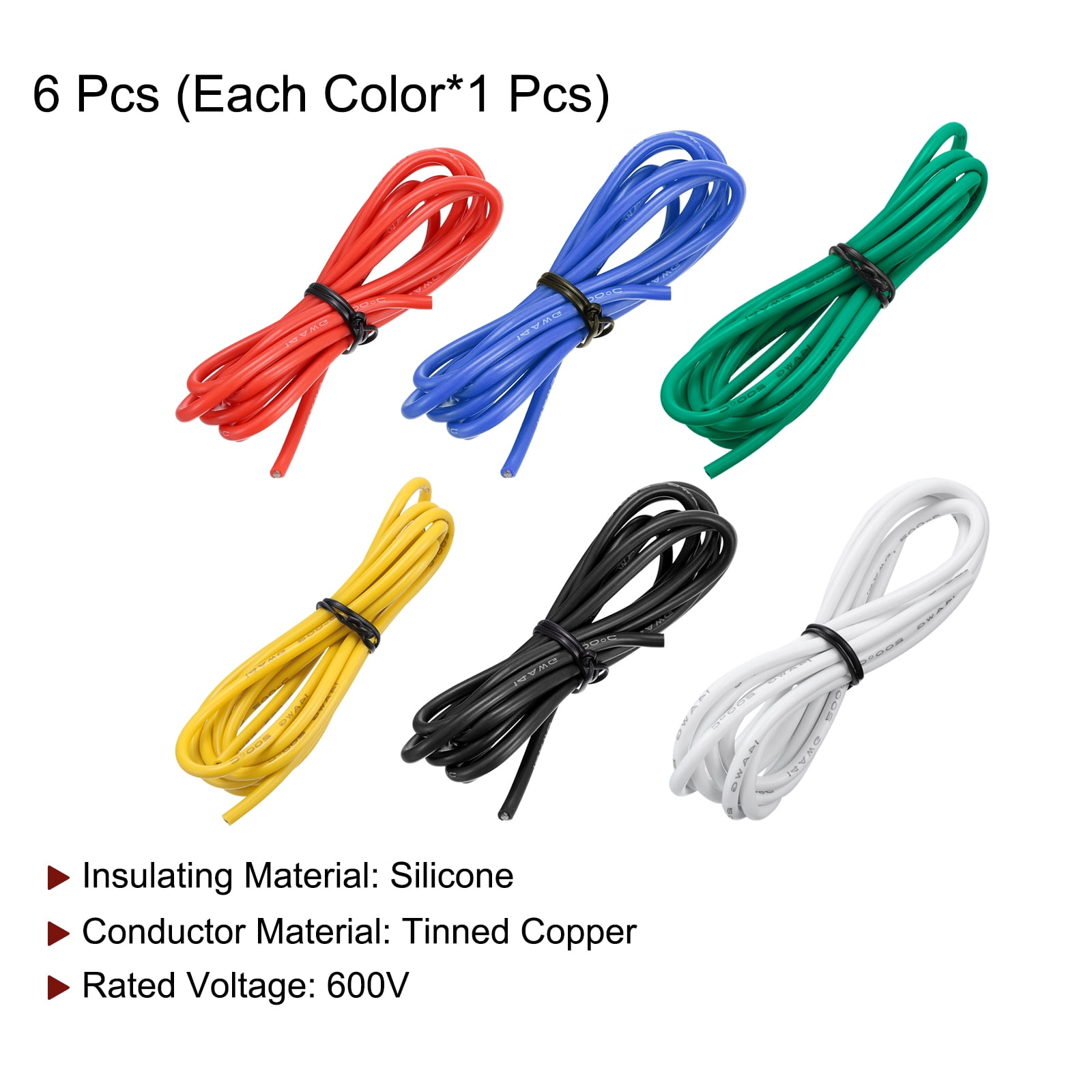 Uxcell 6Pcs 14 Gauge Silicone Wire 14AWG Electrical Wire Stranded Wire Flexible Tinned Copper Wire High Temp Hookup Wire 6 Color 4.92ft