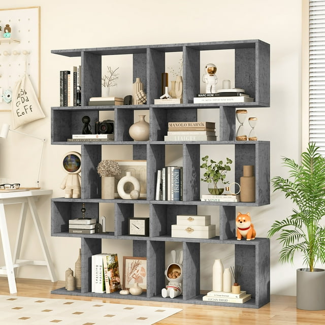 Gymax 2 PCS 5 Cubes Ladder Shelf Freestanding Bookshelf Display Rack Bookcase Grey