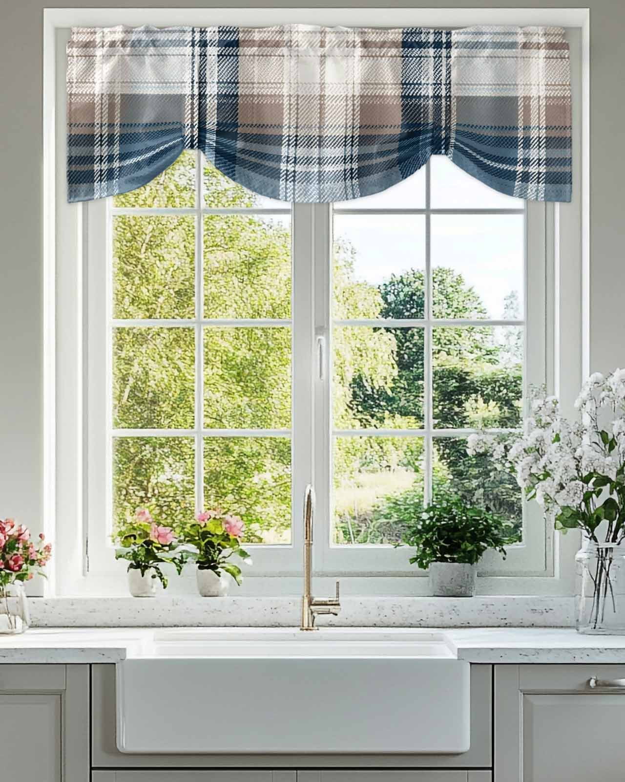 Vintage Plaid Tie Up Valances Curtain, Adjustable Kitchen Blue Brown White Plaid Texture Cotton Valances for Windows Decor, Rod Pocket Short Curtains Set for Bedroom/Bathroom, 60"x18"