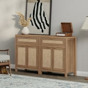 SICOTAS 30 Sideboards Buffets Cabinets with Drawer Set of 2, Boho Rattan Kitchen Storage Cabinets with Adjustable Shelves, Coffee Bar Station in Oak