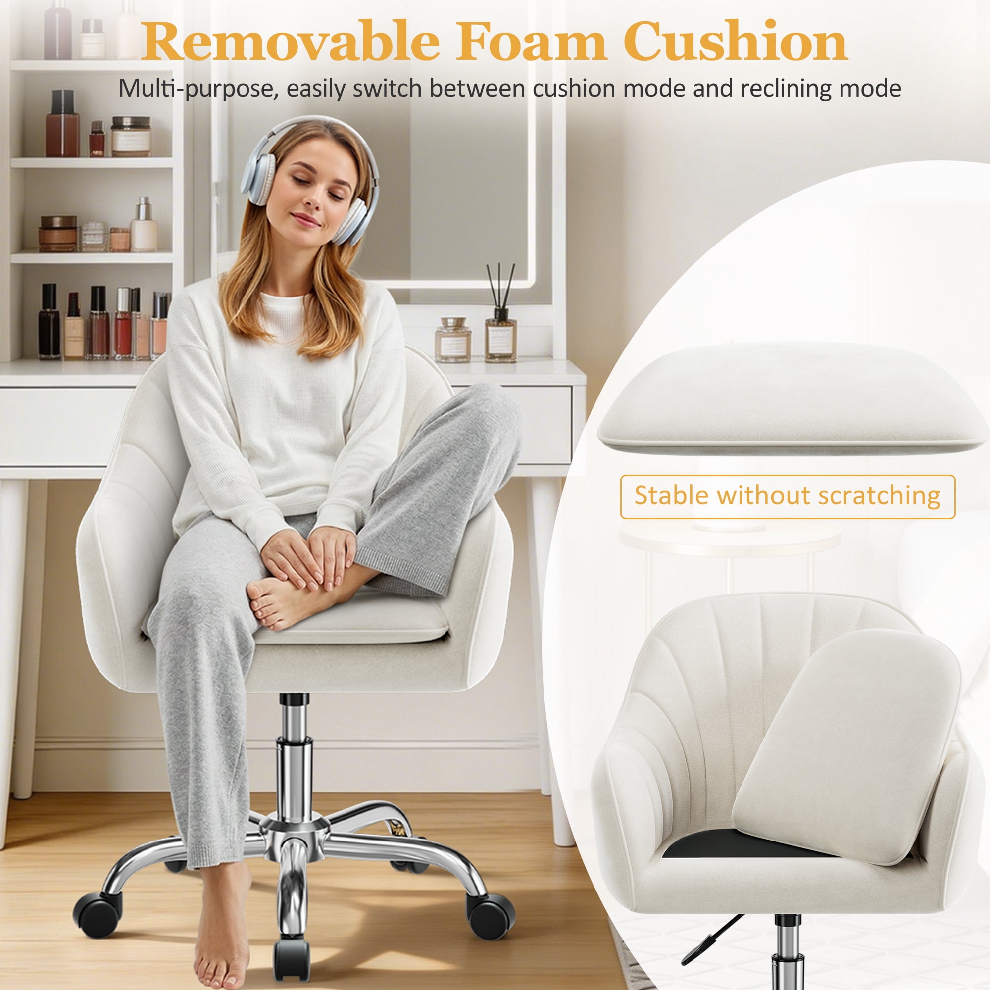 COOLHUT Office Desk Chair with Padded, Velvet Vanity Chair with Back and Wheels, Home Office Chiar with Sliver Legs, Height Adjustable, Rolling Chair for Vanity Room, Makeup Room, Bedroom, Beige