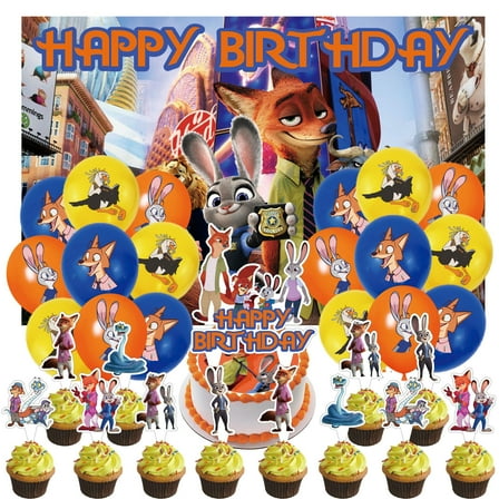 32 Pcs For Zootopia Theme Party Decorations,With 5*3ft Birthday Backdrop Decorations,13 Cupcake Toppers,18 Balloons,for Birthday Party Decorations
