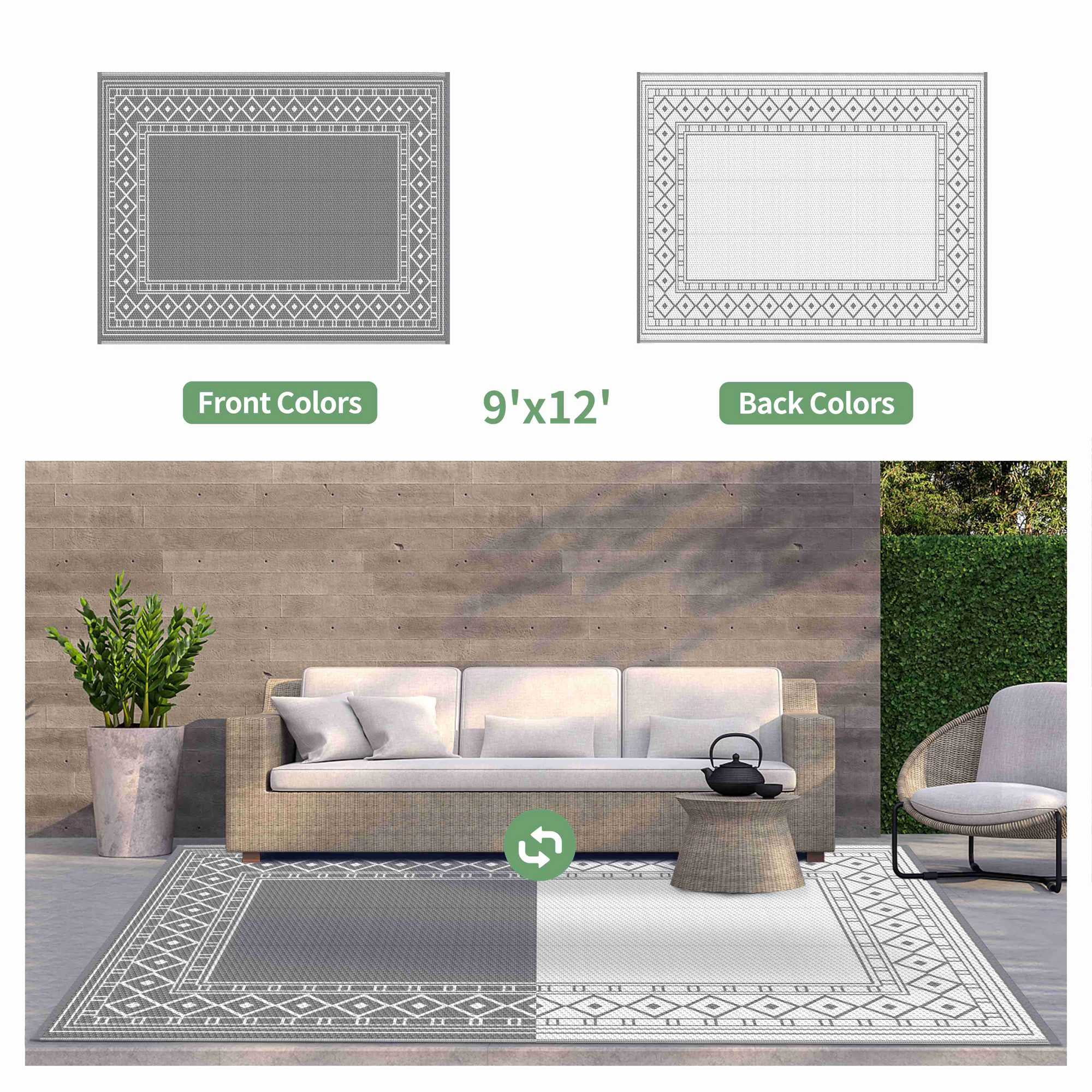 DEORAB Outdoor Rugs Waterproof Plastic Straw Camping Carpet Reversible Patio Outside Mat 9'x12',Grey & White
