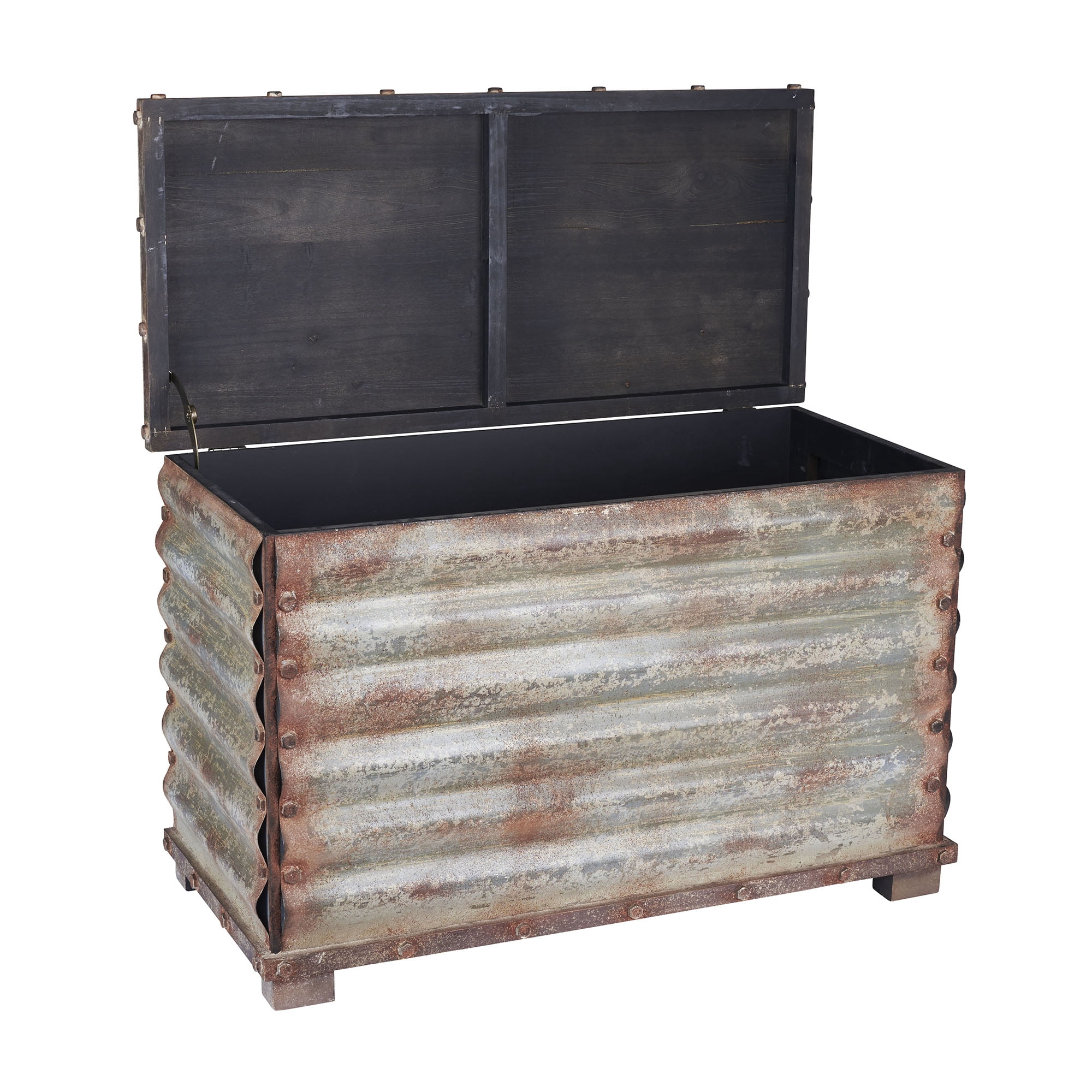 Household Essentials Decorative Trunk, Rustic, Small, Wood Frame and Metal Siding, Spacious and Handmade, Fully Opening Lid, Black Interior, Driftwood and Silver