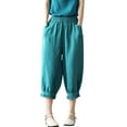 thumbnail image 2 of Cotton Linen Capri Harem Pants for Women Elastic Waist Loose Fit Ruffle Hem Baggy Cropped Pants with Pockets Womens Capris, 2 of 5