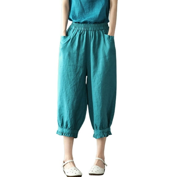 Lixiuxyad Cargo Pants for Women Vintage Aesthetic Women's Linen Harem Pants Slim Fit Solid Color 3/4 Length Casual Trousers With Lace Trim Blue