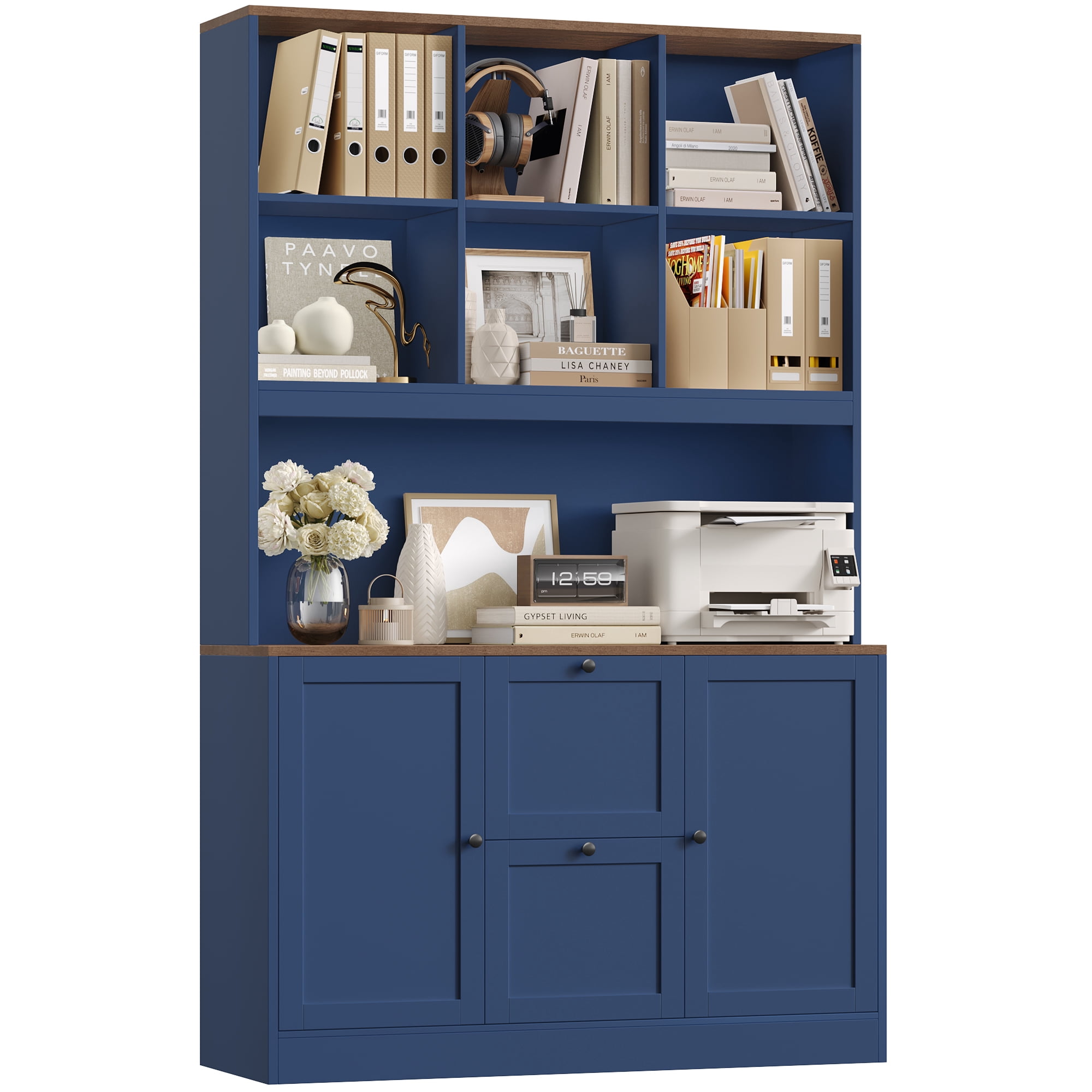 Homfa 71″ 6 Cubes Bookcases with 2 Storage Drawers and Charge Station, 3 Tier Bookshelf with Adjustable File Storage Cabinet for Living Room Home Office, Blue
