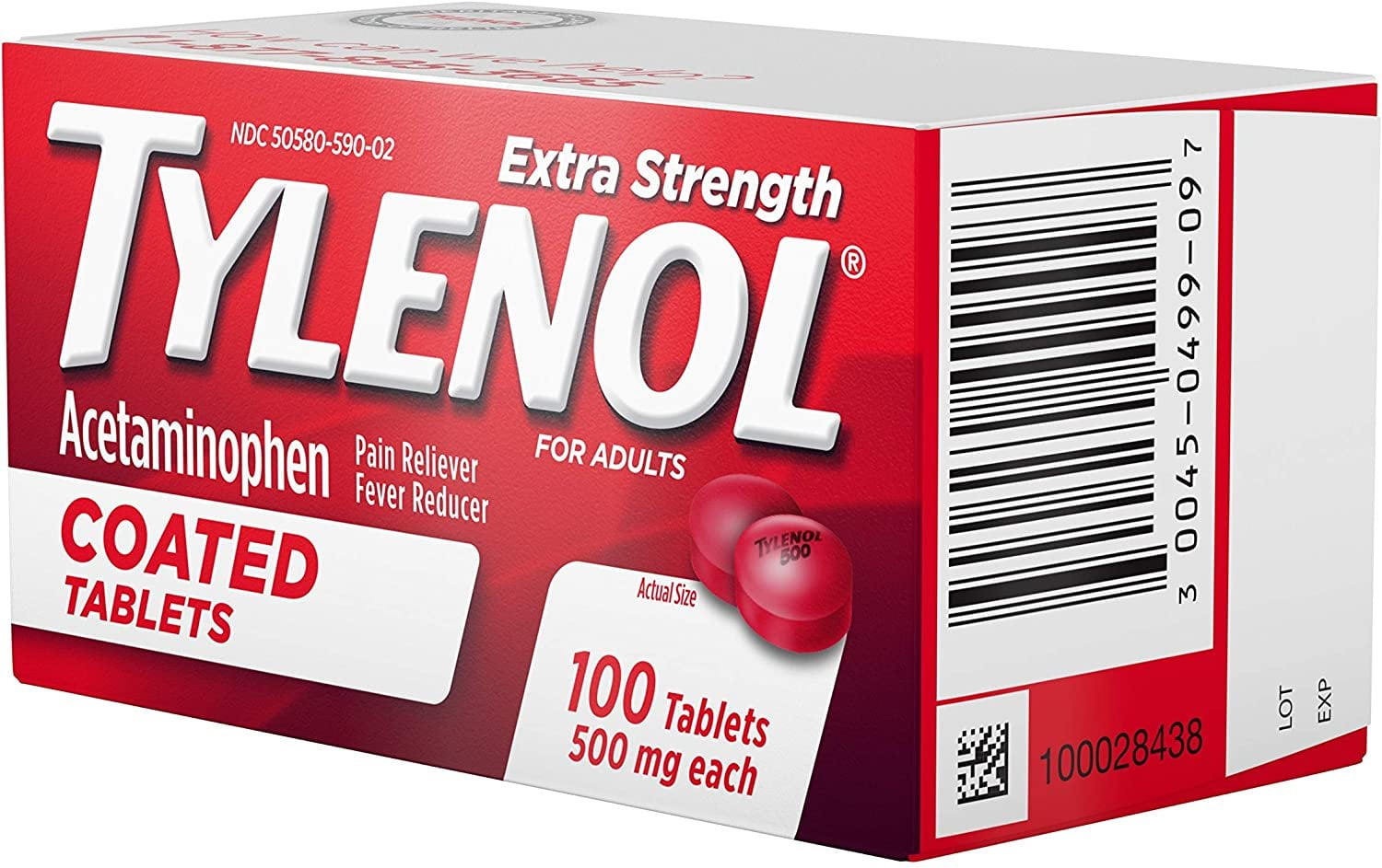 TYLENOL Extra Strength Acetaminophen Adult Pain Relief & Fever Reducer Coated Tablets, 100 ea (Pack of 2)
