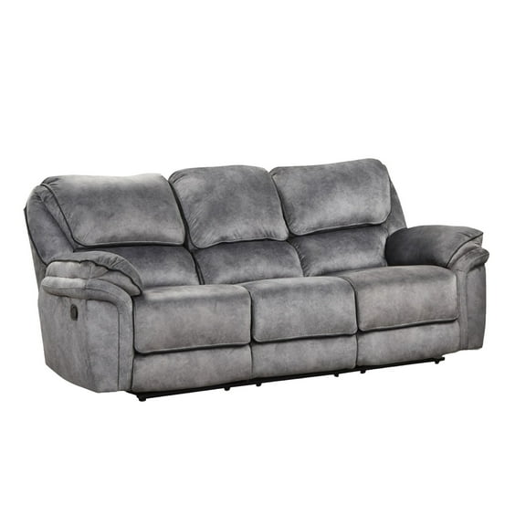 Remma Manual Recliner Sofa, Gray Faux Leather, Drop Table and Cupholders
