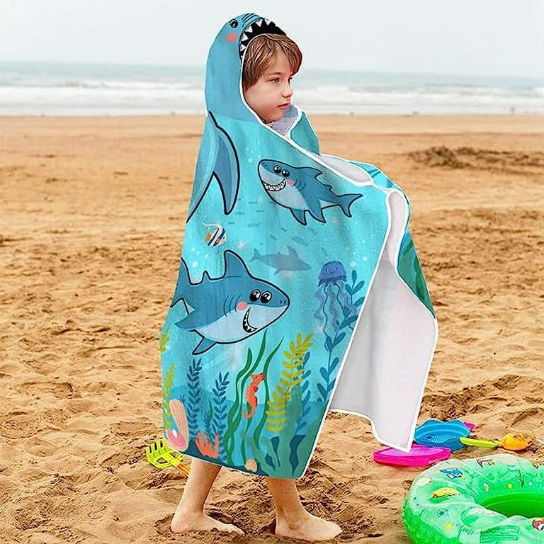 Bonsai Tree Shark Hooded Beach Towel for Kids, Cool Ocean Fishes
