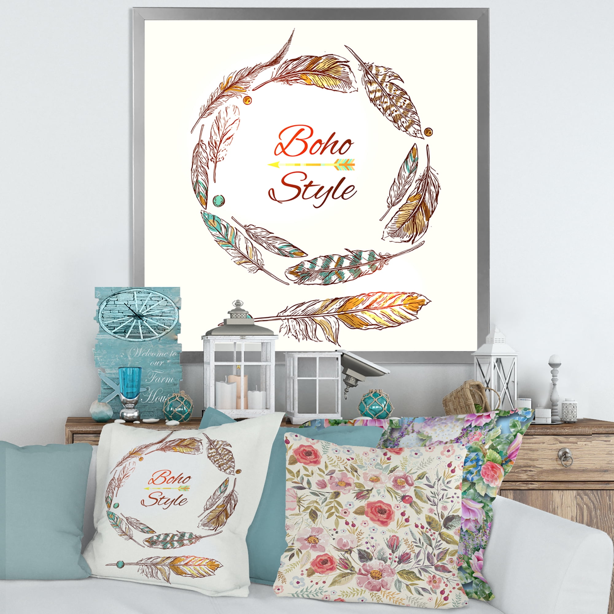 Designart 'Wreath Of Ethnic Beige Boho Feather' Bohemian & Eclectic Framed Art Print