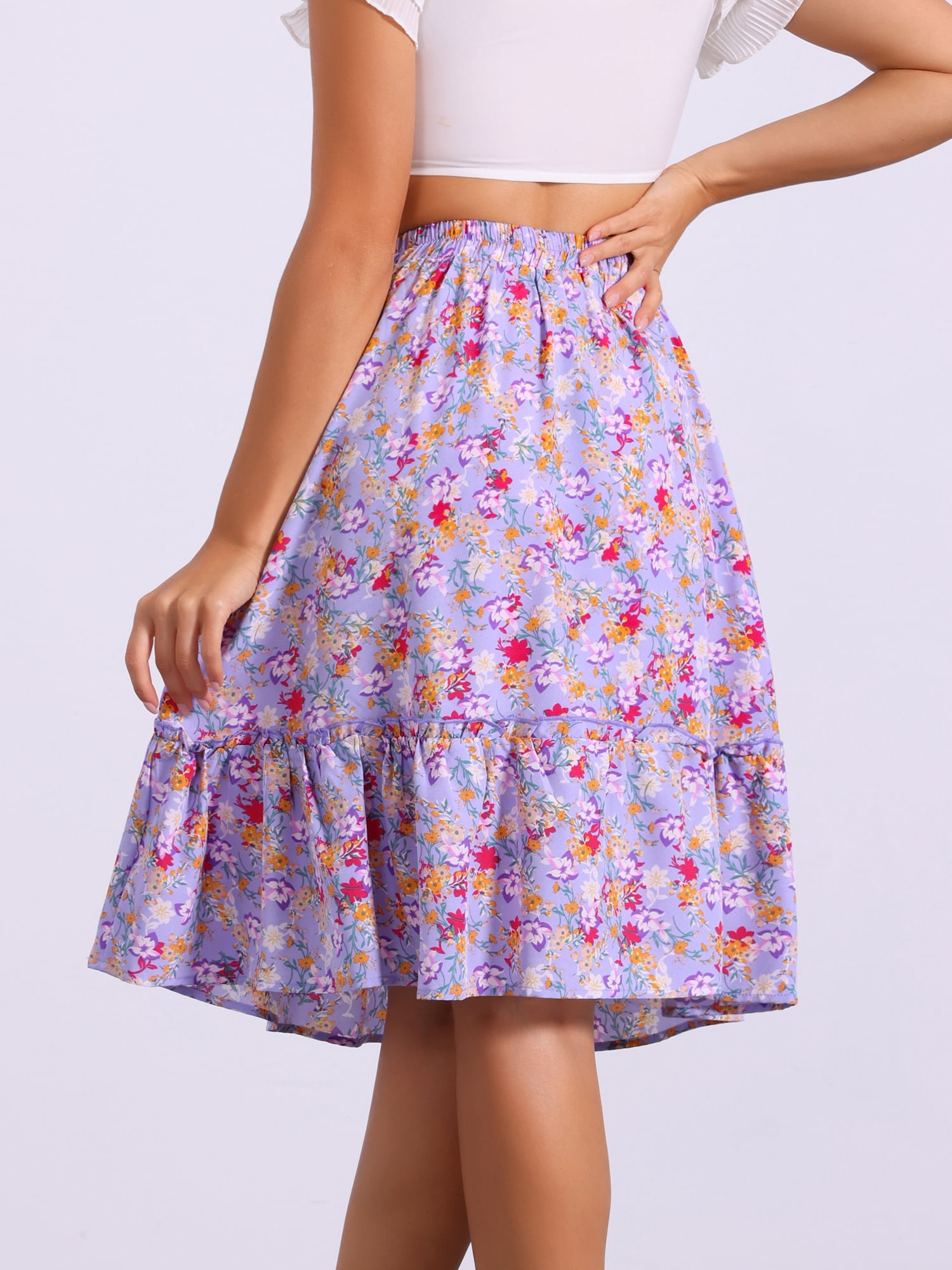 DARING DIVA Women's Flowy Ruffle Hem Tiered Floral Midi Skirt XL Light Purple