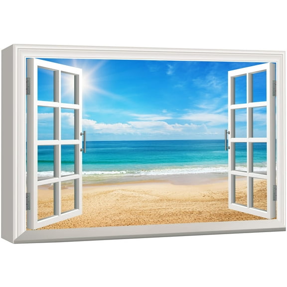 wall26 Canvas Print Wall Art Window View of Shining Sun Over Beach Shore Nature Wilderness Photography Realism Rustic Landscape Colorful Vibrant for Living Room, Bedroom, Office - 24"x36"
