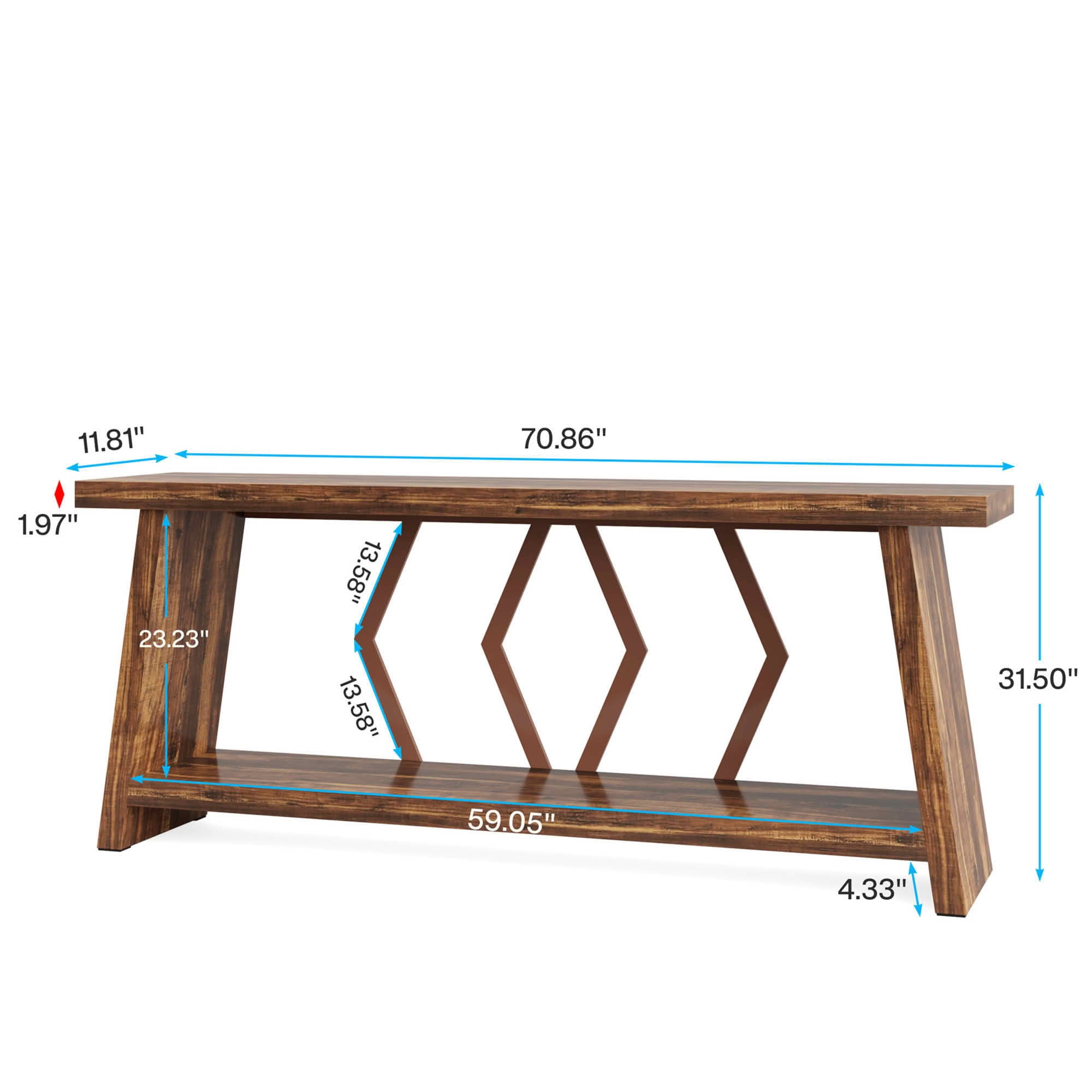 MAYEERTY 70.86" Extra Long 2-Tier Console Table, 1.97" Thick Wood Top Angular Rustic Metal Frame Sofa Table