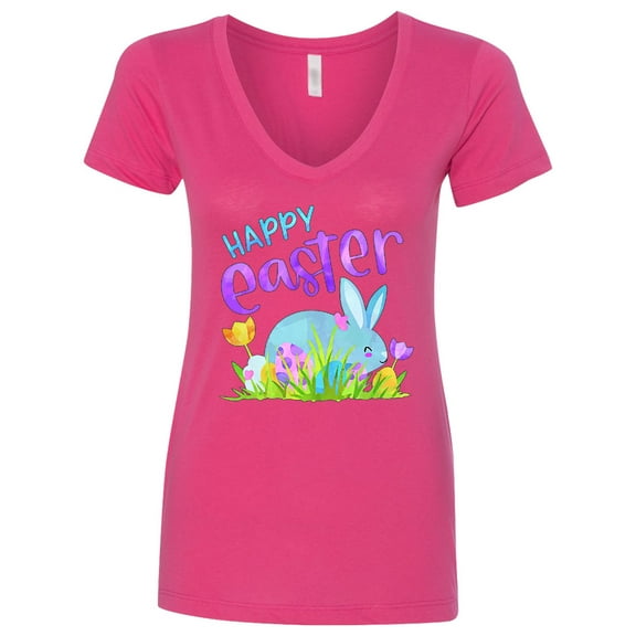 Inktastic Happy Easter Blue Bunny and Eggs in Grass Women's V-Neck T-Shirt