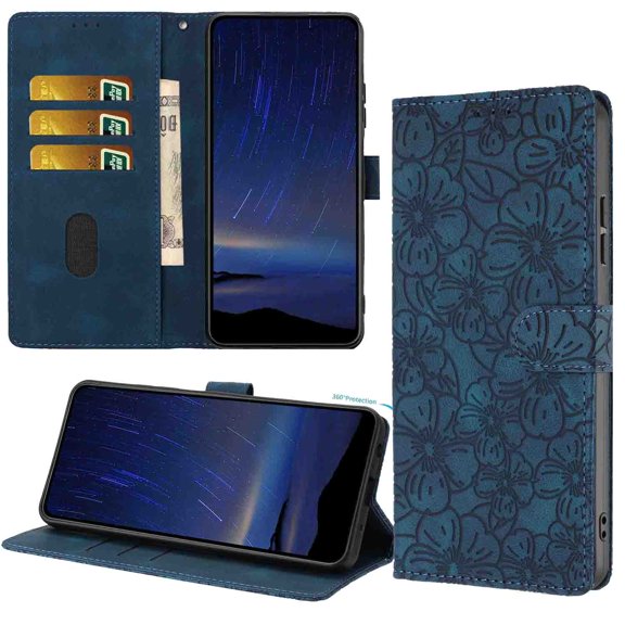 Wallet Case for Samsung Galaxy A52, Embossed PU Leather Magnetic Clasp Flip Purse Case with Credit Card Holder & Cash Slot & Stand, Flower Pattern Cover for Samsung Galaxy A52, Blue