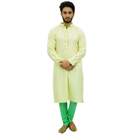

Atasi Men s Kurta Pyjama Set Long Cotton Yellow Tunic Shirt Ethnic Wear-Medium