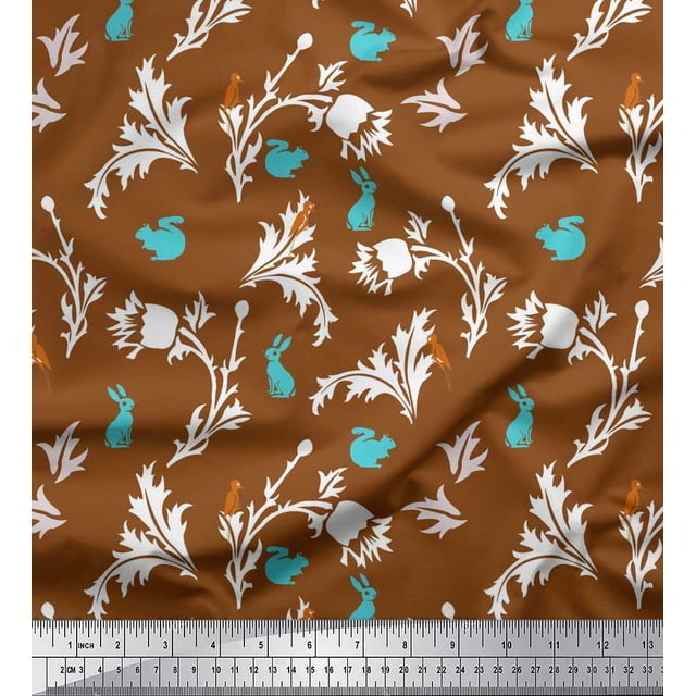 Soimoi Cotton Duck Fabric Leaves,Floral & Rabbit Animal Decor Fabric Printed Yard 42 Inch Wide