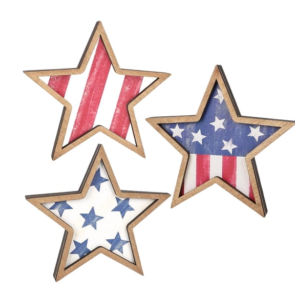 Patriotic Star Decorations 3 Pc Set, Red White and Blue Tiered Tray Decorations Set, Rustic Home Decor for Mantel Shelf