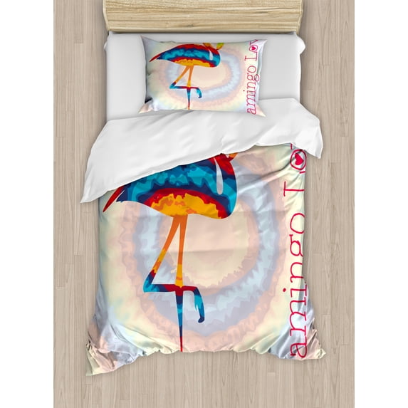 Flamingo Twin Size Duvet Cover Set, Single Flamingo Rainbow Colors Tie Dye Style Background Animal World Artwork Print, Decorative 2 Piece Bedding Set with 1 Pillow Sham, Multicolor, by Ambesonne