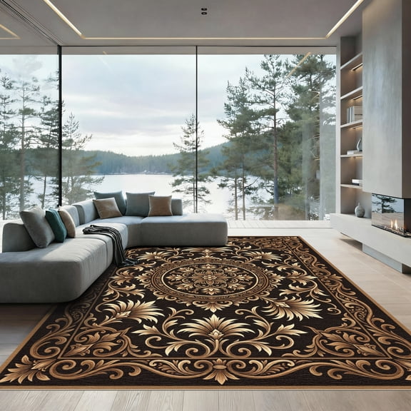 ODIKA 4'x6' Machine Washable Non-Slip Area Rug, Oriental Black High Traffic Rug, Black, 1167820