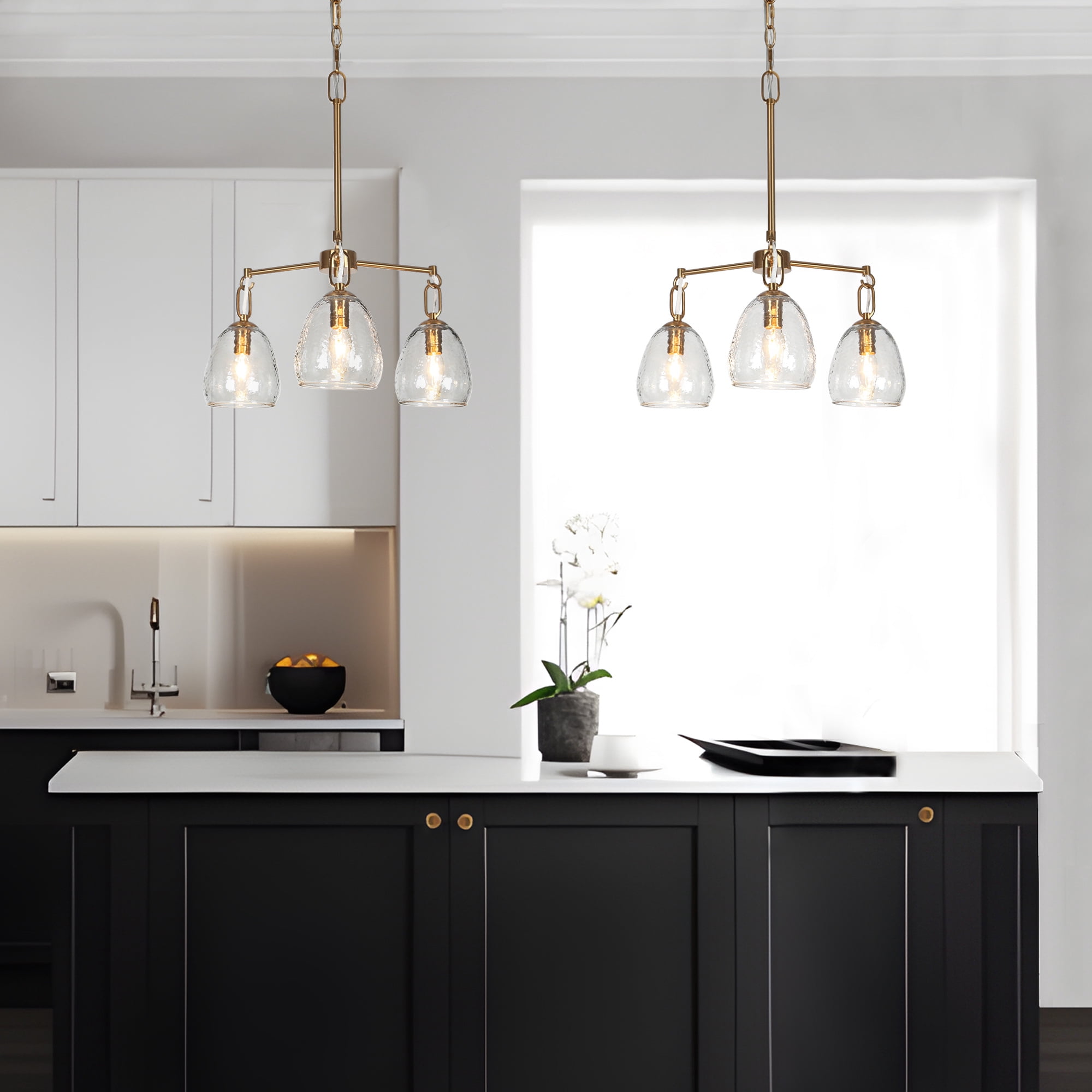 LNC Blobfish 3 -Light Polished Gold Textured glass Metal Chandelier
