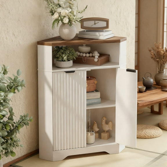 Vabches Fluted Corner Cabinet for Small Space, Modern Corner Storage Cabinet with 2 Doors and Adjustable Shelf for Bathroom, Kitchen, Living Room, Natural