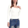 thumbnail image 4 of Women's Square Neck Tops Long Sleeve Shirred Fitted Stretch Casual Basic Blouse L White, 4 of 6