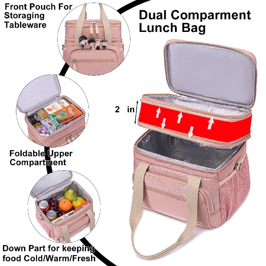 Lunch Bag for Women, Loncheras Para Mujer, Leakproof Insulated Large Lunchbox Dual Compartment Lunch Box Adult For Work Beach Picnic Hiking