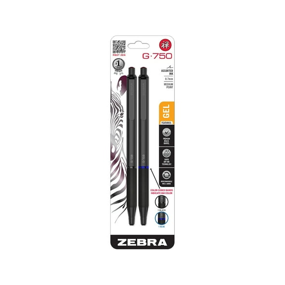 Zebra G-750 Retractable Gel Pens Medium Point Black/Blue Ink 2/Pack (49802)