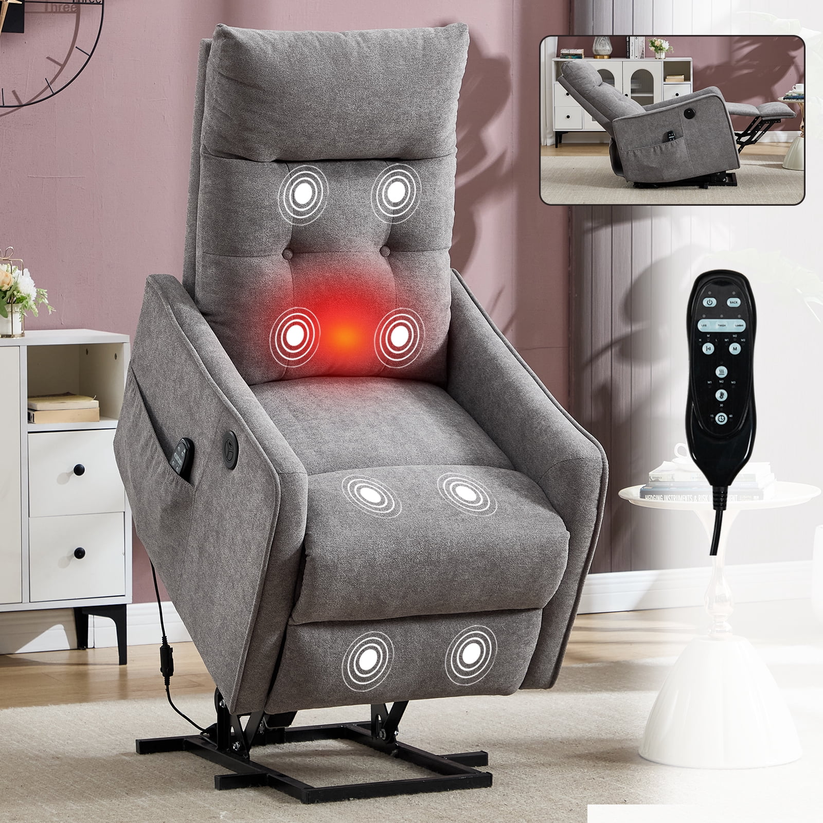 BSHTI Power Lift Recliner Chair with Massage and Heat, Single Motor 155° Recline, USB Charging Port, Chenille, Easy Assembly, Light Gray