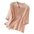thumbnail image 1 of Top de verano de lino con cuello en V y bordado para mujer - Blusa informal de manga corta, holgada y de color liso, 1 of 8