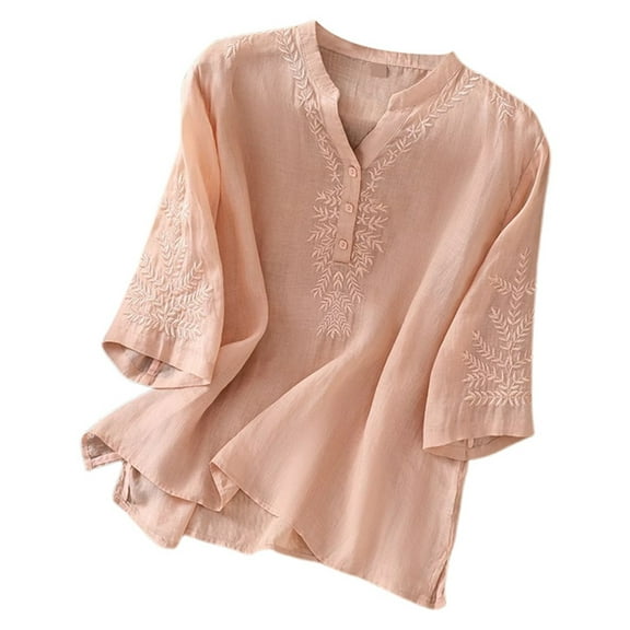 Women's Summer New And Linen Embroidery V Neck Solid Color Literary Loose Pullover Short Sleeved Top T Shirt