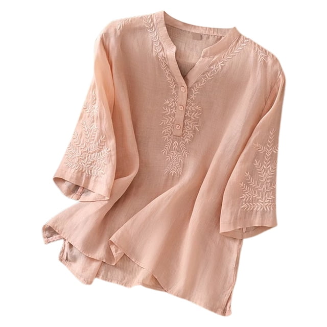 Top de verano de lino con cuello en V y bordado para mujer - Blusa informal de manga corta, holgada y de color liso