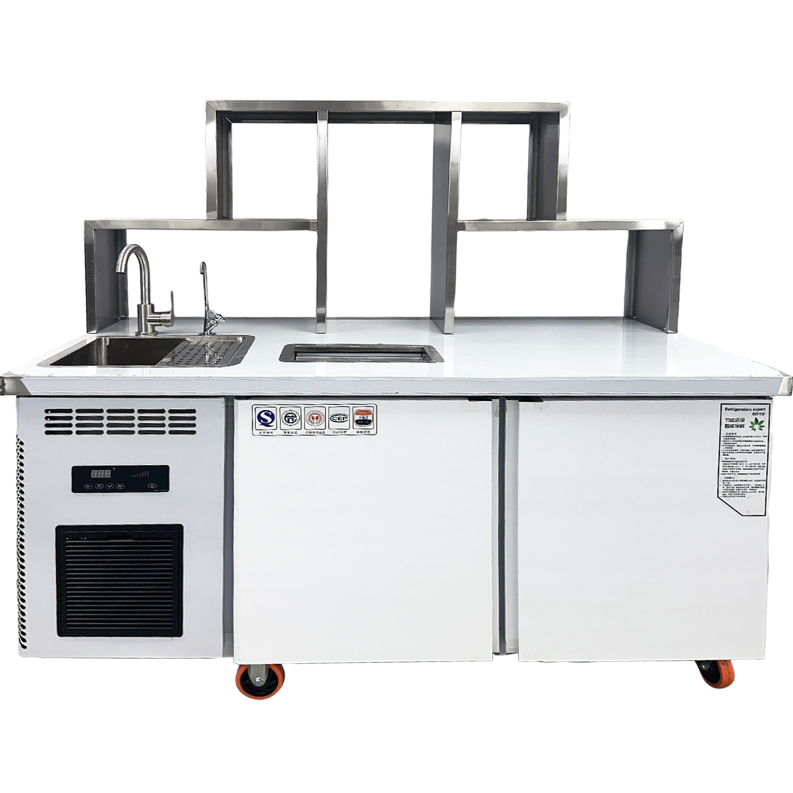 59" Refrigerated Water Bar Workstation with Sink, Shelves & Double Door Cooler, 110V R600A ,Commercial Prep Counter