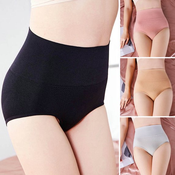 rygai Women Underpants Solid Color High Waist Abdomen Controling Slimming Soft Tummy Control Anti-septic Honeycomb Design Lady Briefs for Mother,Skin Color,One Size