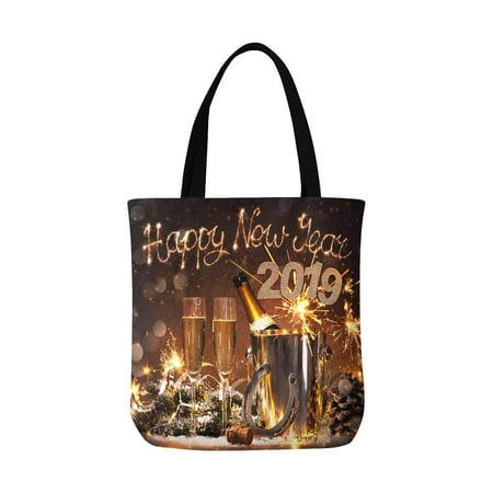 ASHLEIGH Happy New Years Eve Celebration with Flutes and Bottle of Champagne Canvas Tote Canvas Shoulder Bag Resuable Grocery Bags Shopping Bags for Women Men